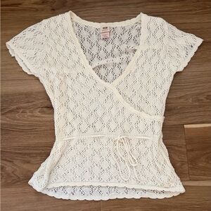 Vintage Y2K Faded Glory Crochet Babydoll Top with Tie Waist, Made in USA Sz L